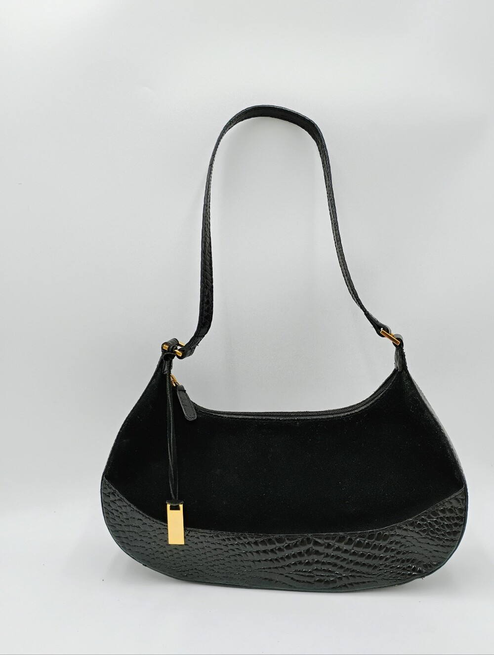Etienne Aigner Genuine Suede Leather Black Shoulder Crescent Bag Croc Embossed